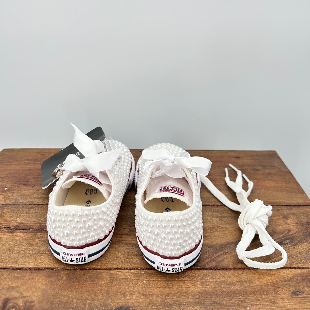 Converse All Star Pearl Embellished Low Top White Ribbon Lace Heart Charm Size 9 - Picture 4 of 7